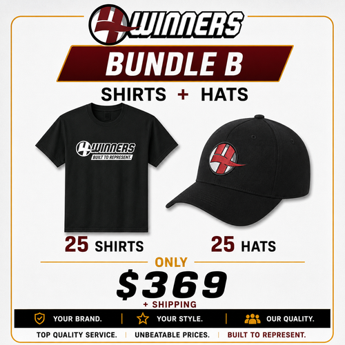 Bundle B | 25 Custom T-Shirts + 25 Custom Hats | $369 + Shipping
