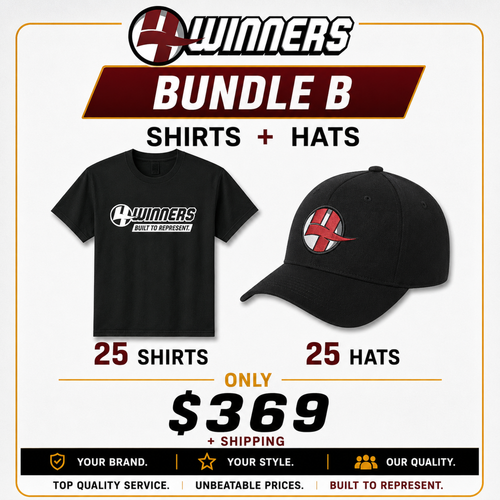 Bundle B | 25 Custom T-Shirts + 25 Custom Hats | $369 + Shipping