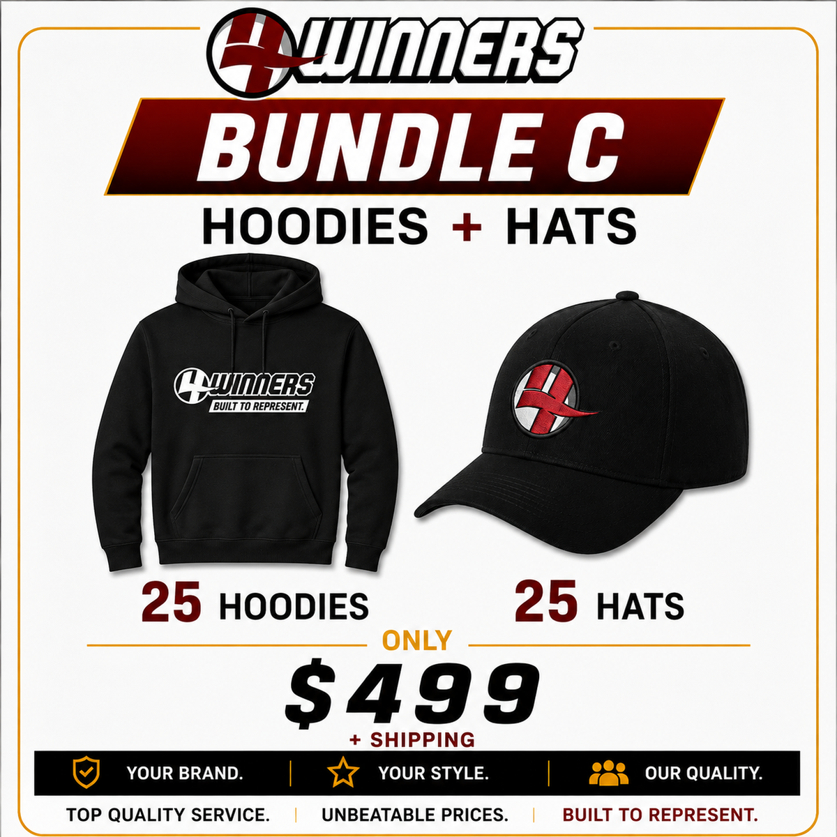 Bundle C | 25 Custom Hoodies + 25 Custom Hats | $499 + Shipping