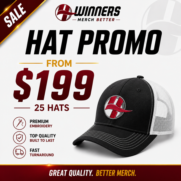 4Winners Merch hat promo graphic — 25 custom embroidered hats starting at $199