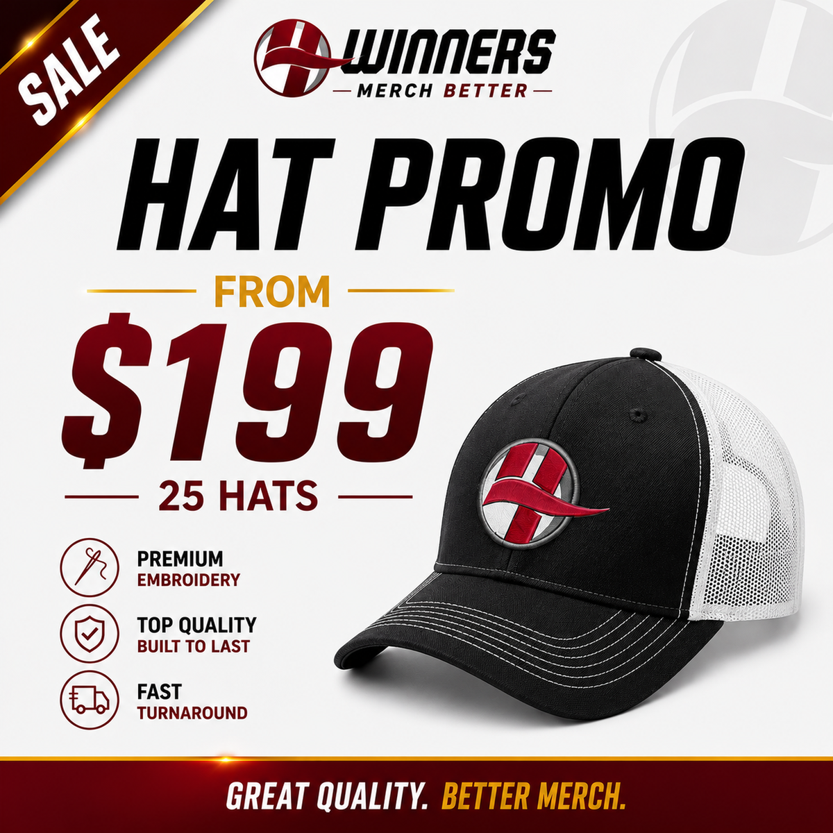 25 Custom Embroidered Hats | Your Logo | $199