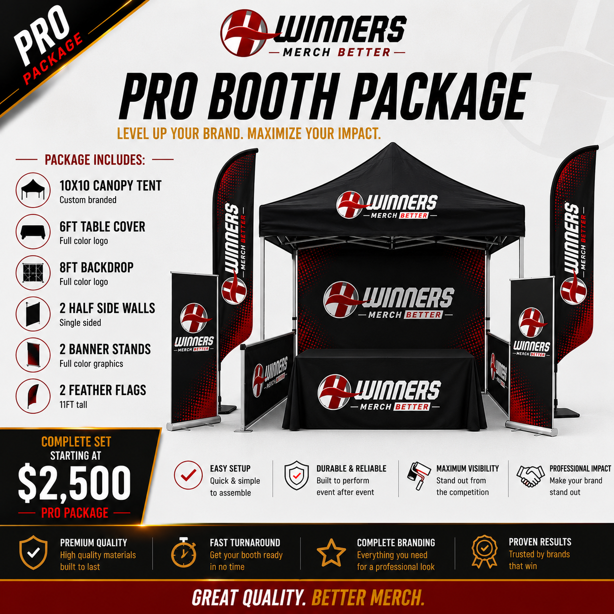 4Winners Merch Pro Booth Package promo graphic — trade show booth bundle starting at $2,500
