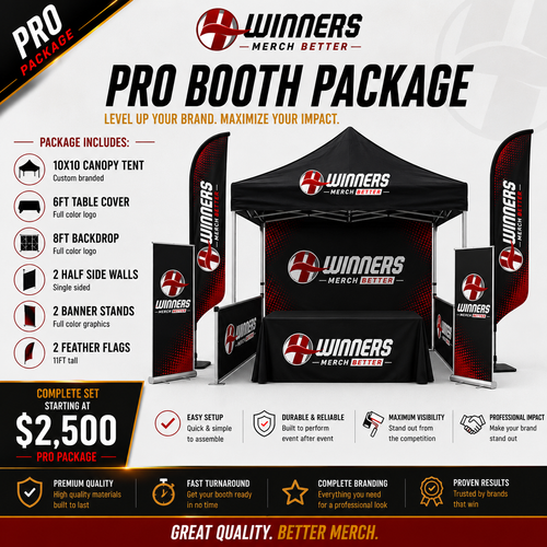 4Winners Merch Pro Booth Package promo graphic — trade show booth bundle starting at $2,500