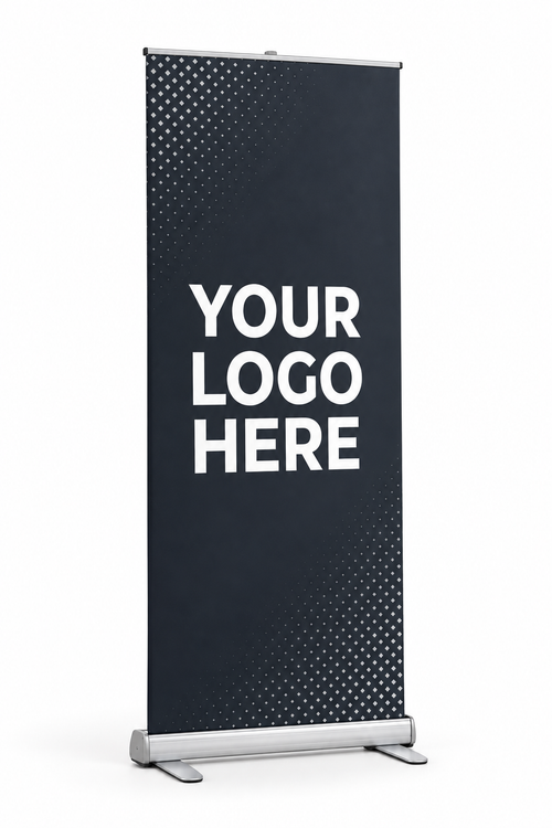 Standard retractable banner stand 33x81 with custom full-color print, silver aluminum base