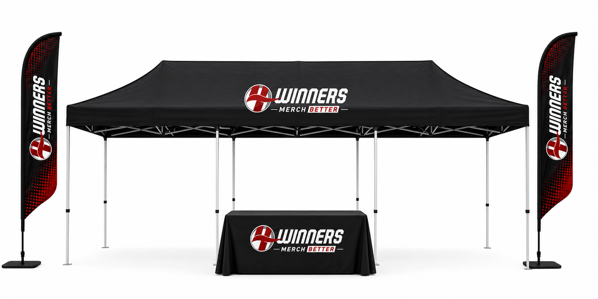 Basic 10x20 outdoor booth package - 10x20 custom canopy tent, 6ft printed table cover, and two 14ft feather flags