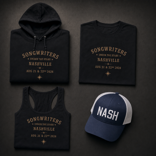 Songwriters Under The Stars tribute collection flat lay: folded black hoodie, t-shirt, and women's tank top each printed with gold Songwriters Under The Stars Nashville Aug 21 & 22nd 2026 text, alongside a navy and white two-tone trucker cap embroidered NASH in white block letters