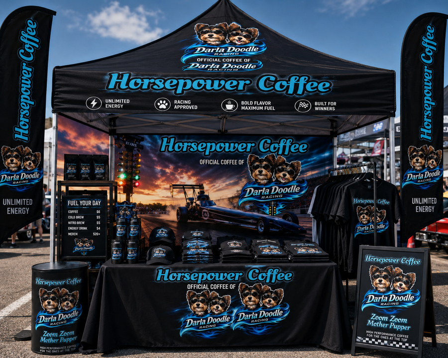 Concept design mockup for Horsepower Coffee trade show booth (AI-generated concept, not an actual client installation)