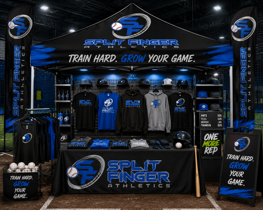 Concept design mockup for Split Finger Athletics trade show booth (AI-generated concept, not an actual client installation)