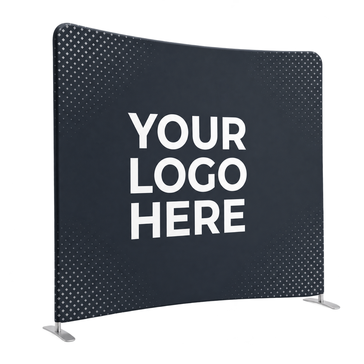 4Winners Merch 8ft curved tension fabric trade show display with YOUR LOGO HERE placeholder