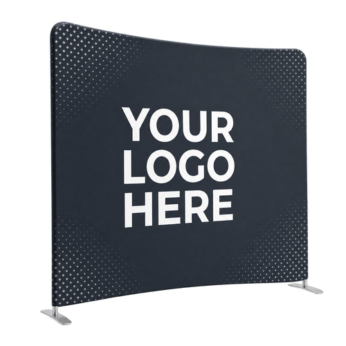4Winners Merch 8ft curved tension fabric trade show display with YOUR LOGO HERE placeholder
