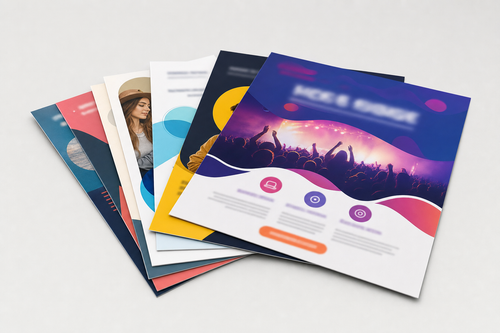 AI concept image: fanned stack of custom full-color double-sided printed flyers showcasing print quality (4Winners Custom Flyers product)