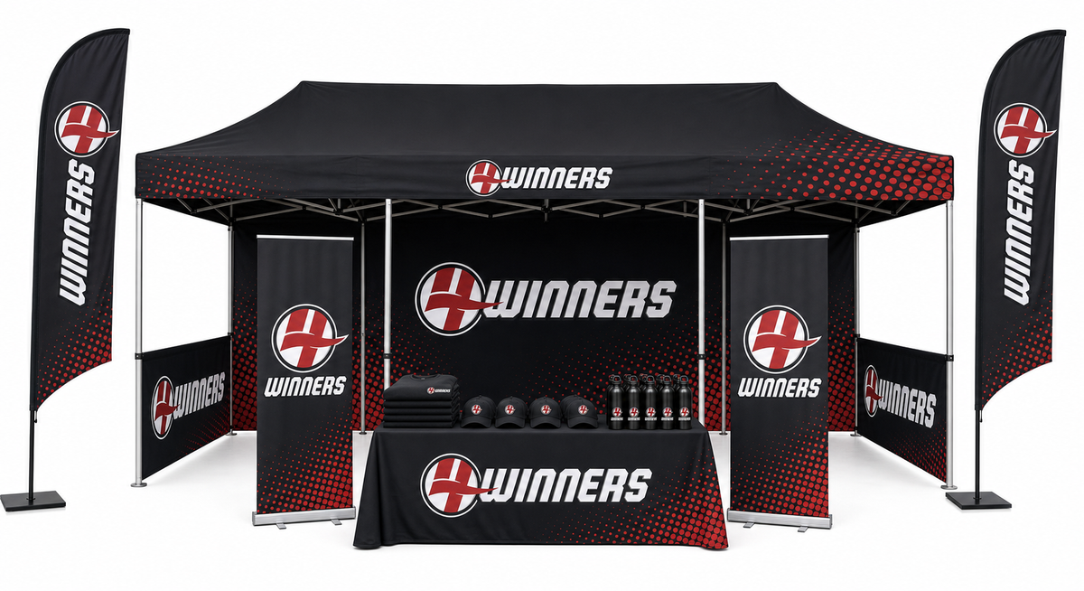 Enterprise 10x20 outdoor booth package - 10x20 custom canopy tent, full back wall, two half walls, two retractable banners, two feather flags, printed table cover, plus 100 custom t-shirts, 50 hats, and 25 water bottles