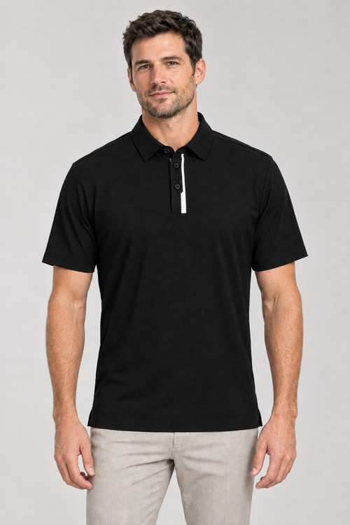 AI-generated model wearing the GOLeisure Performance Polo in deep black, with white placket trim; styling visualization.