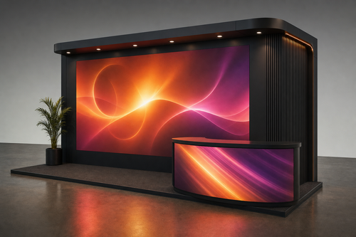 LED trade show booth with warm amber and violet abstract wall content