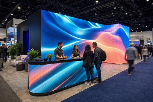 LED trade show booth on busy convention floor with staff engaging visitors