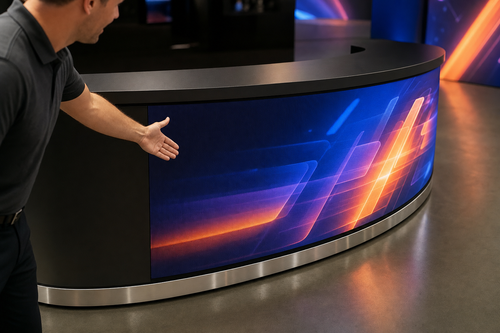 Close-up of curved LED reception desk with chrome trim and matte black top