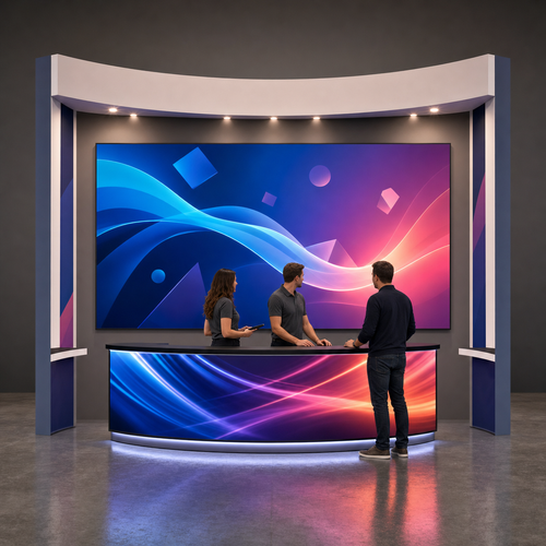 LED trade show booth front-on view with staff and visitor at reception desk