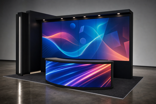 LED trade show booth with video wall and curved LED reception desk, 10x10 configuration