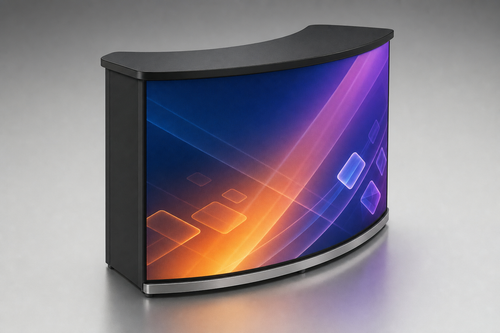 Curved LED reception desk with full-motion graphics on front panel