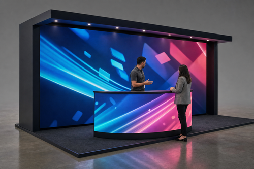 LED trade show booth side angle showing depth and staff-visitor conversation