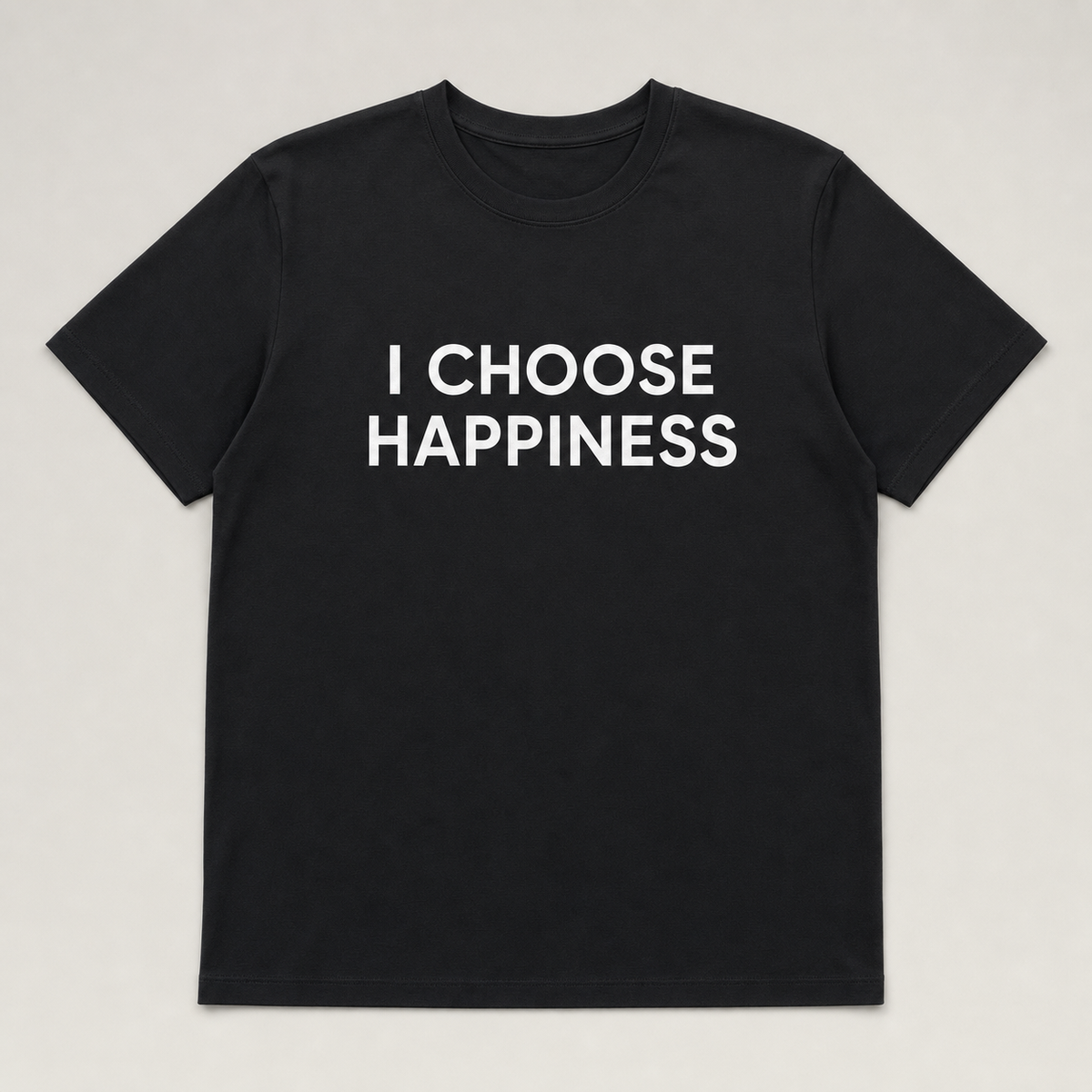 AI concept mockup — black unisex tee, "I Choose Happiness", Motivational Merch Week 1