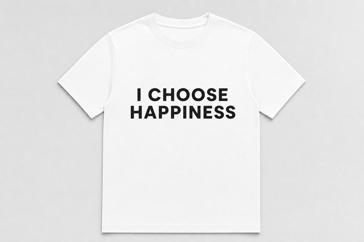 AI concept mockup — white unisex tee, "I Choose Happiness", Motivational Merch Week 1