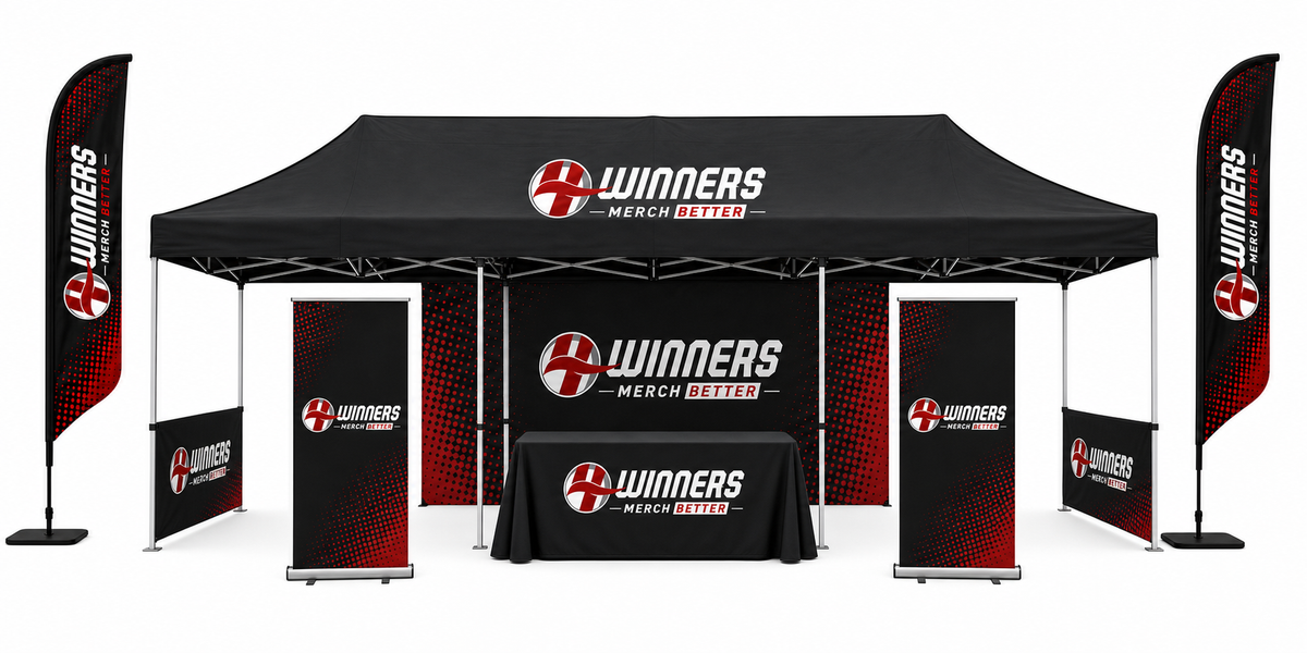 Pro 10x20 outdoor booth package - 10x20 custom canopy tent, full-color backdrop, two half side walls, two retractable banner stands, two 14ft feather flags, and printed table cover