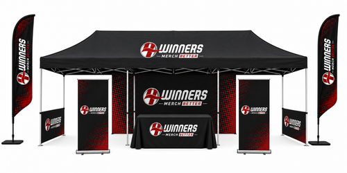 Pro 10x20 outdoor booth package - 10x20 custom canopy tent, full-color backdrop, two half side walls, two retractable banner stands, two 14ft feather flags, and printed table cover