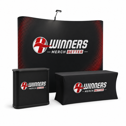 Basic Indoor Booth Package — 4Winners branded 10x10 booth setup with curved tension fabric backdrop, LED light, podium, and table cloth