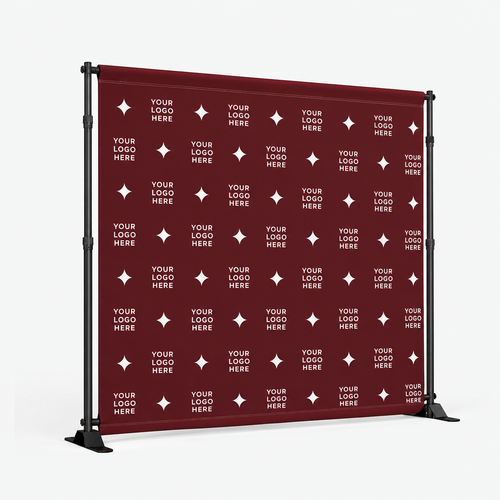 Custom step and repeat backdrop mockup — premium 10ft x 8ft printed graphic and frame, YOUR LOGO HERE placeholder design